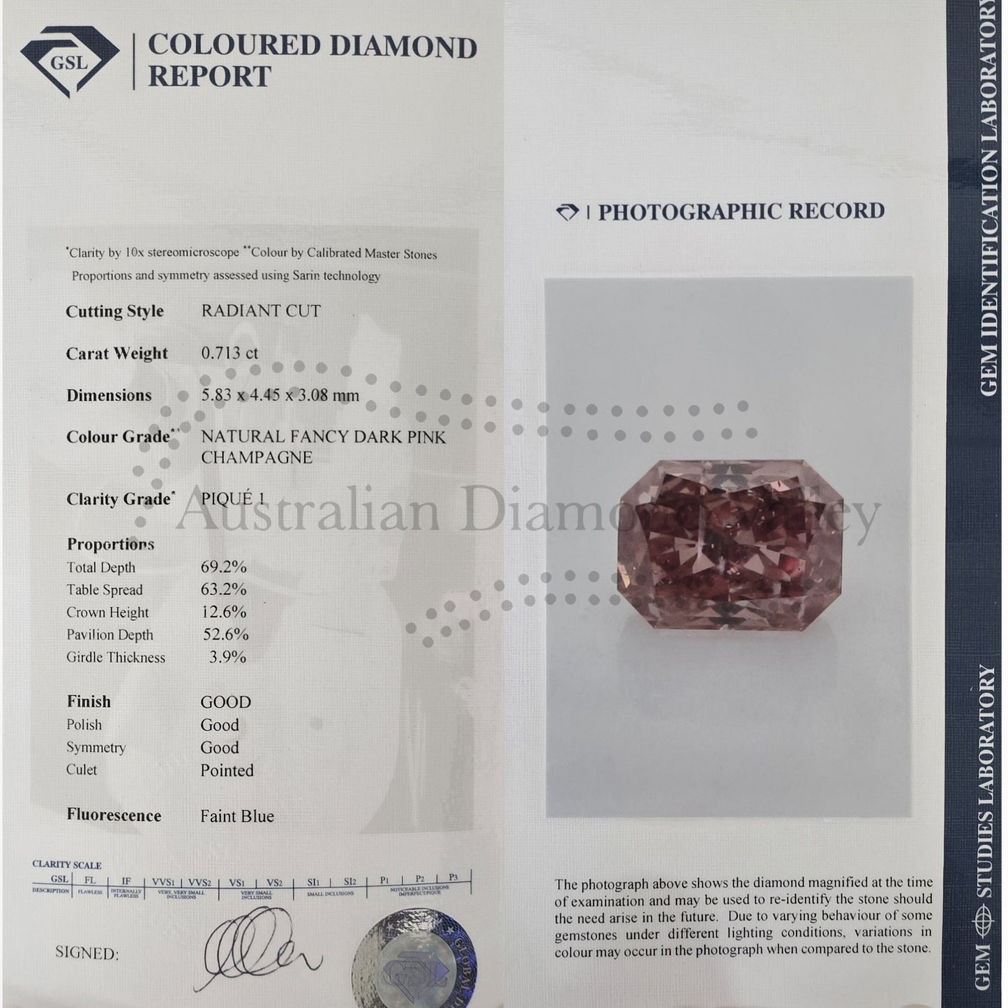 0.715ct Authentic Australian Pink Champagne Argyle Radiant Cut Diamond - PC3