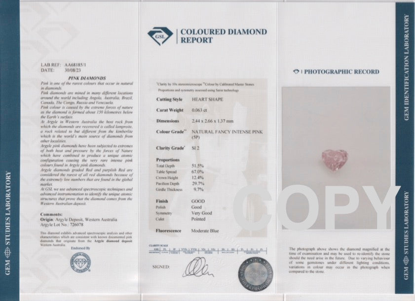 Marrallang Collection 0.13ct Authentic Australian Pink Argyle Origin Heart Diamond - 5P
