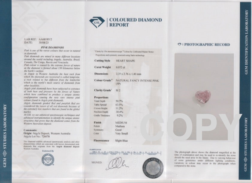 Marrallang Collection 0.13ct Authentic Australian Pink Argyle Origin Heart Diamond - 5P