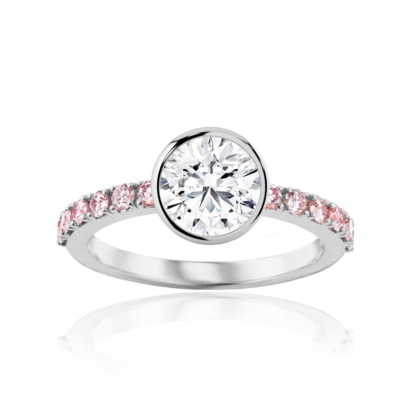 Diamond ring with pink gemstones on a white background