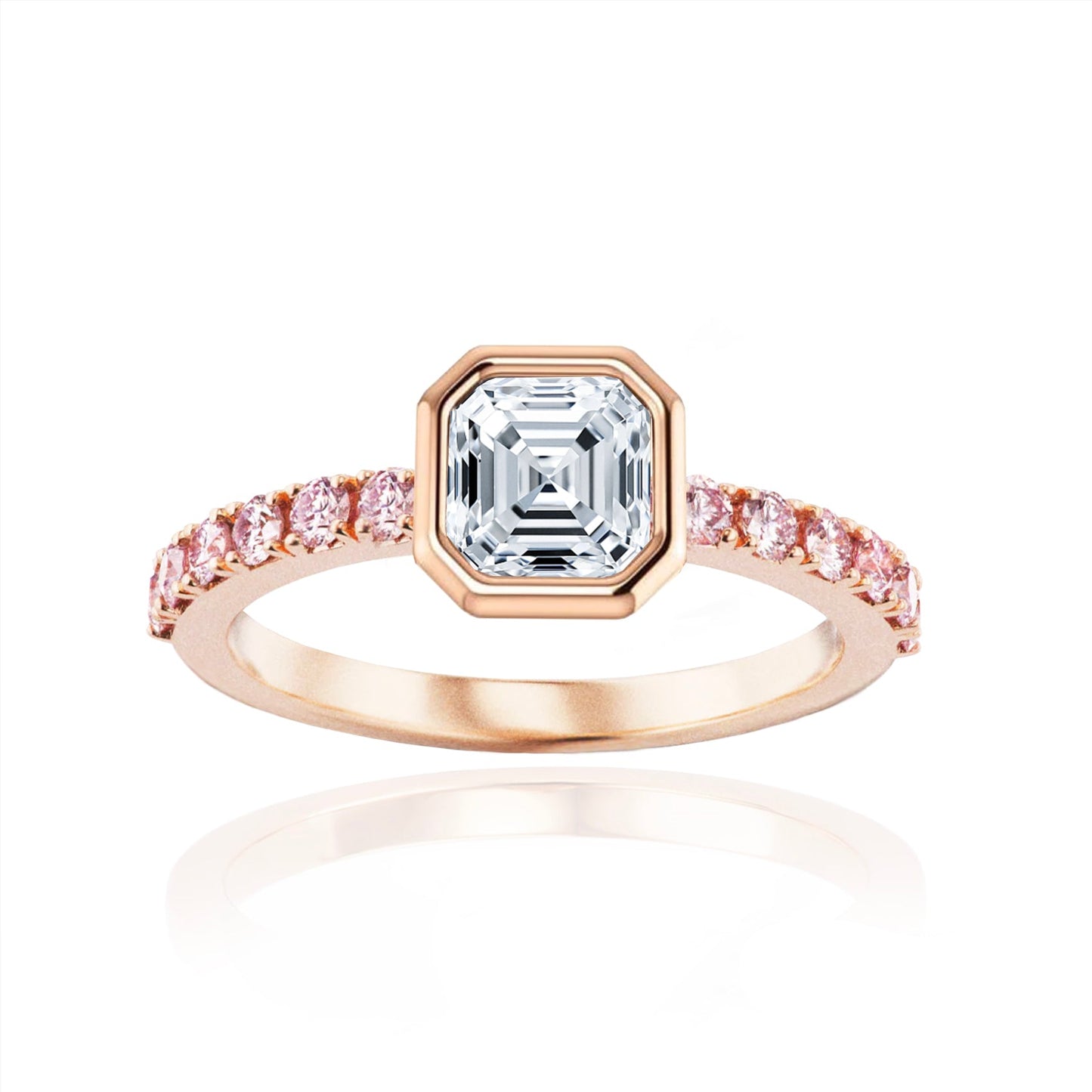 A Mayfair White & Pink Argyle Australian Diamond Ring with a rose gold band and a central asscher cut white diamond, surrounded by pink Argyle diamonds.