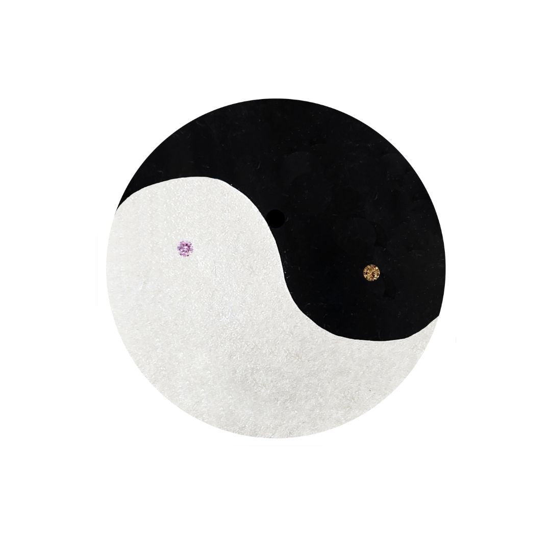 Black and white circular earring with embedded diamonds on a white background. Argyle diamonds.