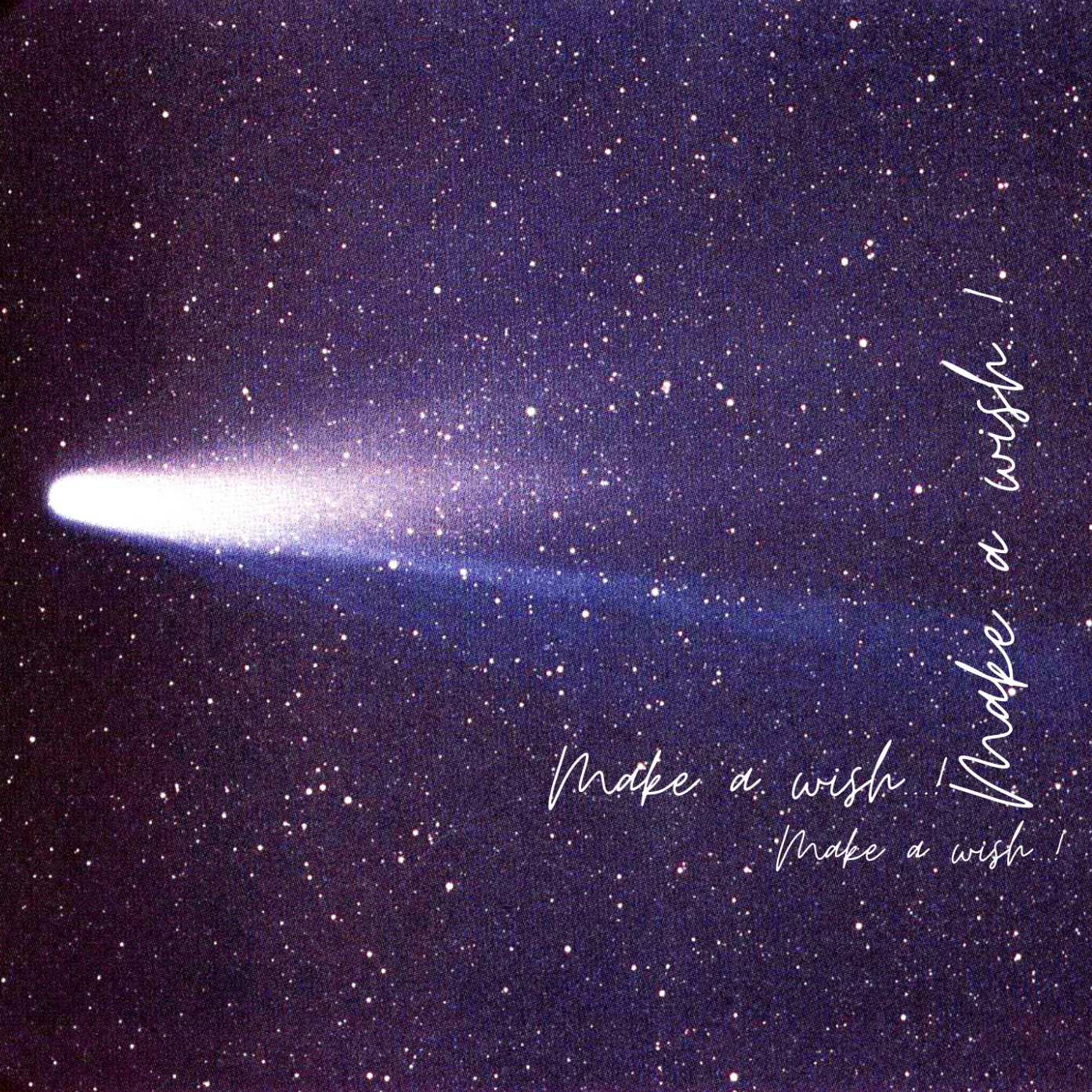 Starry night sky with comet and 'Make a wish!' text, inspired by Halley's Comet.