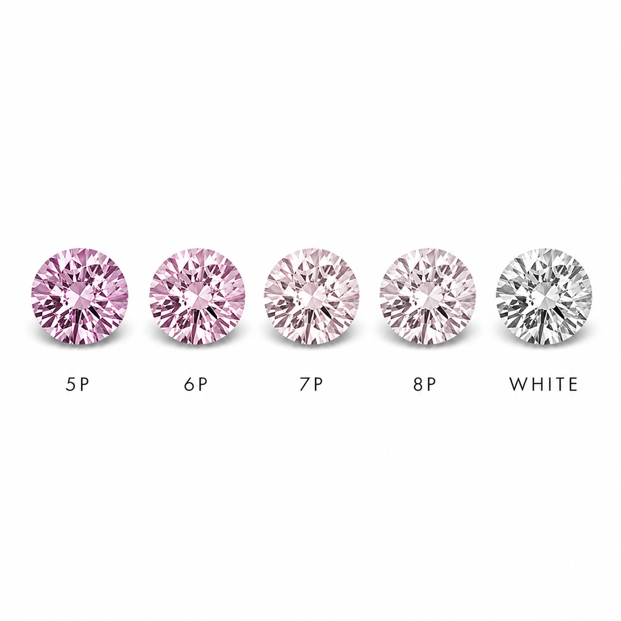 Five diamonds of varying pink tones labeled 5P, 6P, 7P, 8P, and White on a white background.