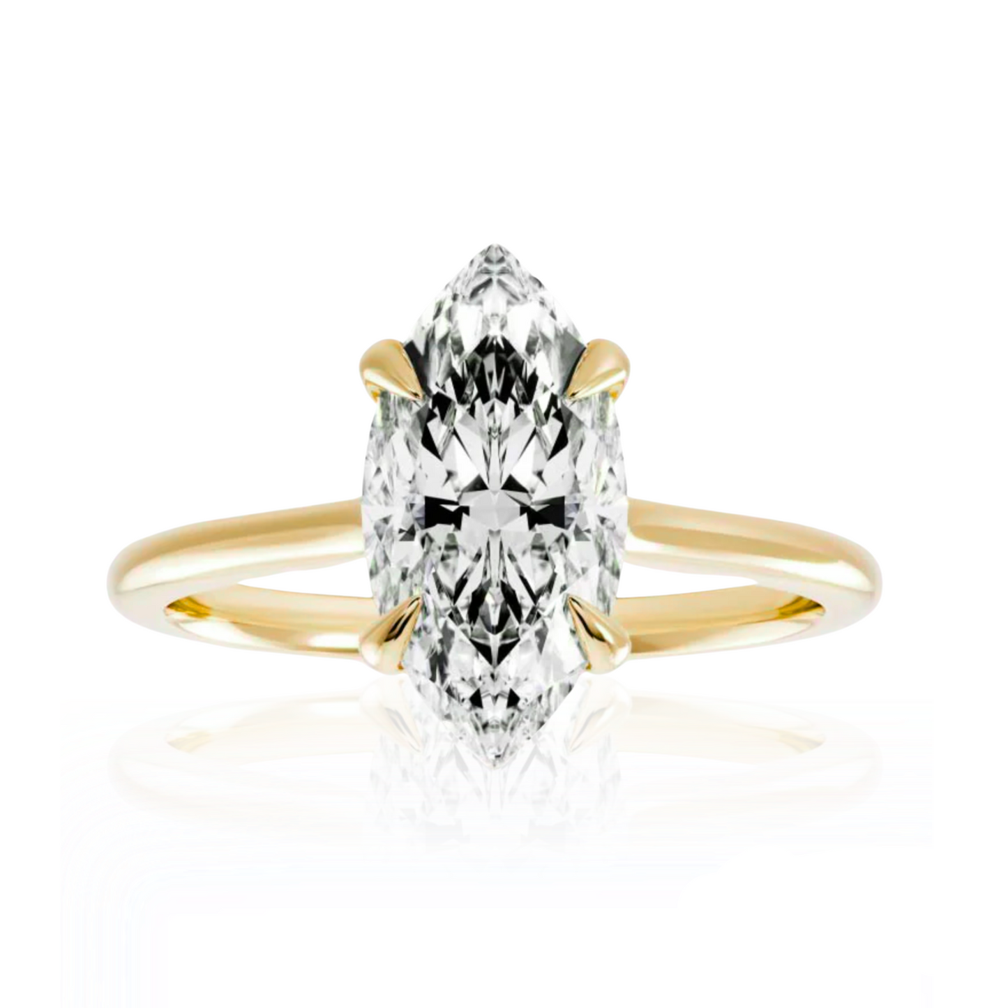 Gold ring with a marquise-shaped diamond on a white background
