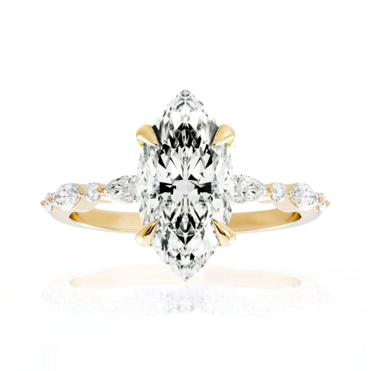 Gold ring with a large pear-shaped diamond and smaller diamonds on a white background