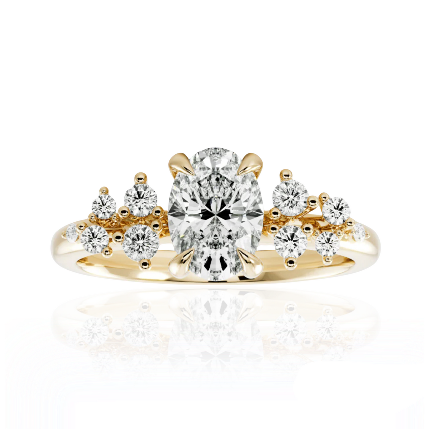 Gold ring with central diamond and smaller diamonds on a white background