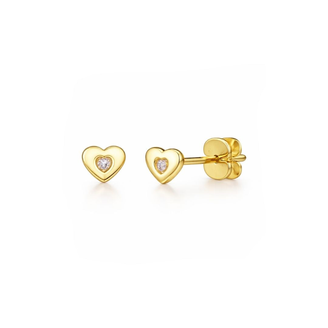 Gold heart-shaped earrings with embedded diamonds on a white background, branded 'Australian Diamond Valley'.