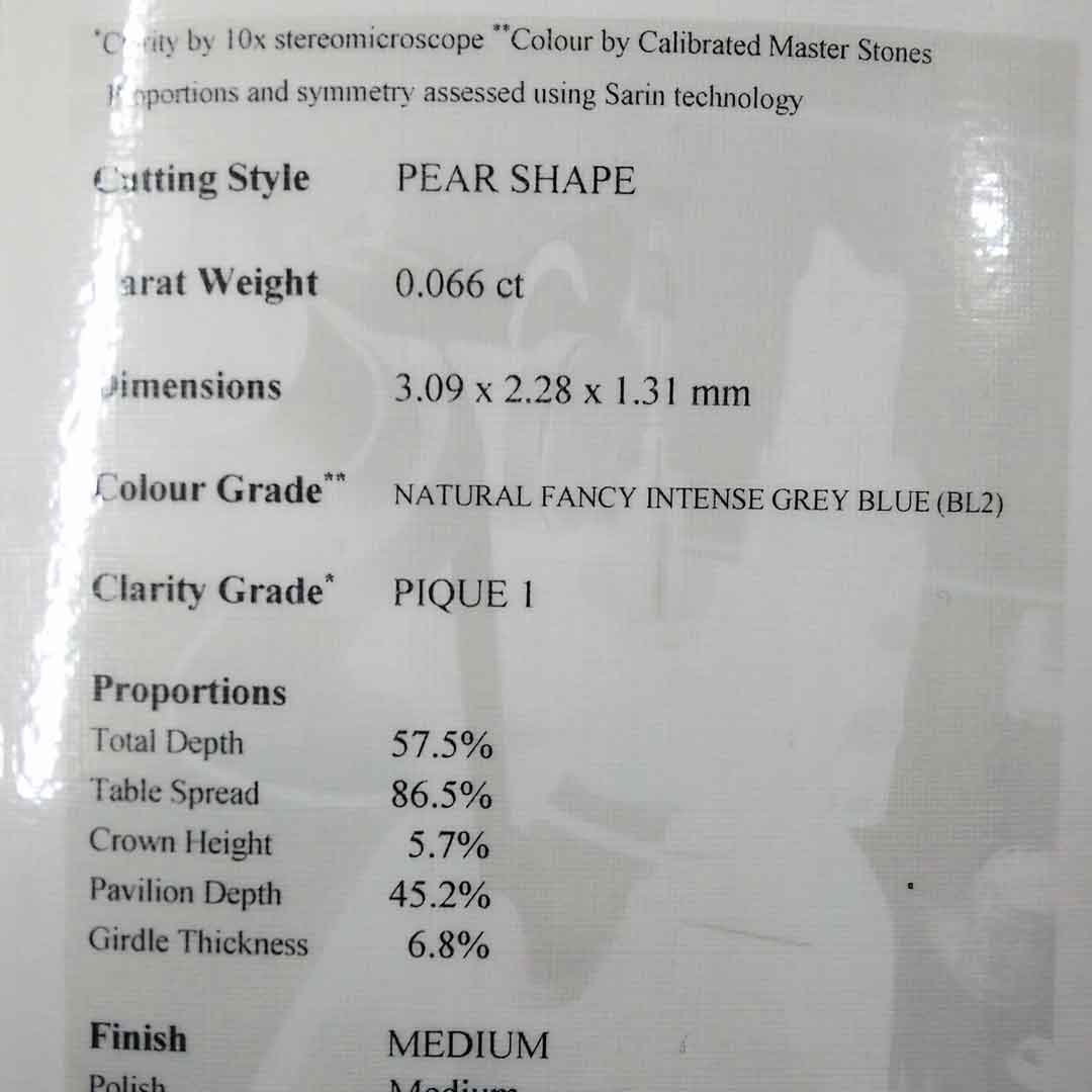 0.06ct Authentic Australian Blue of Argyle Origin Pear Cut Diamond - BL2 (10/27)