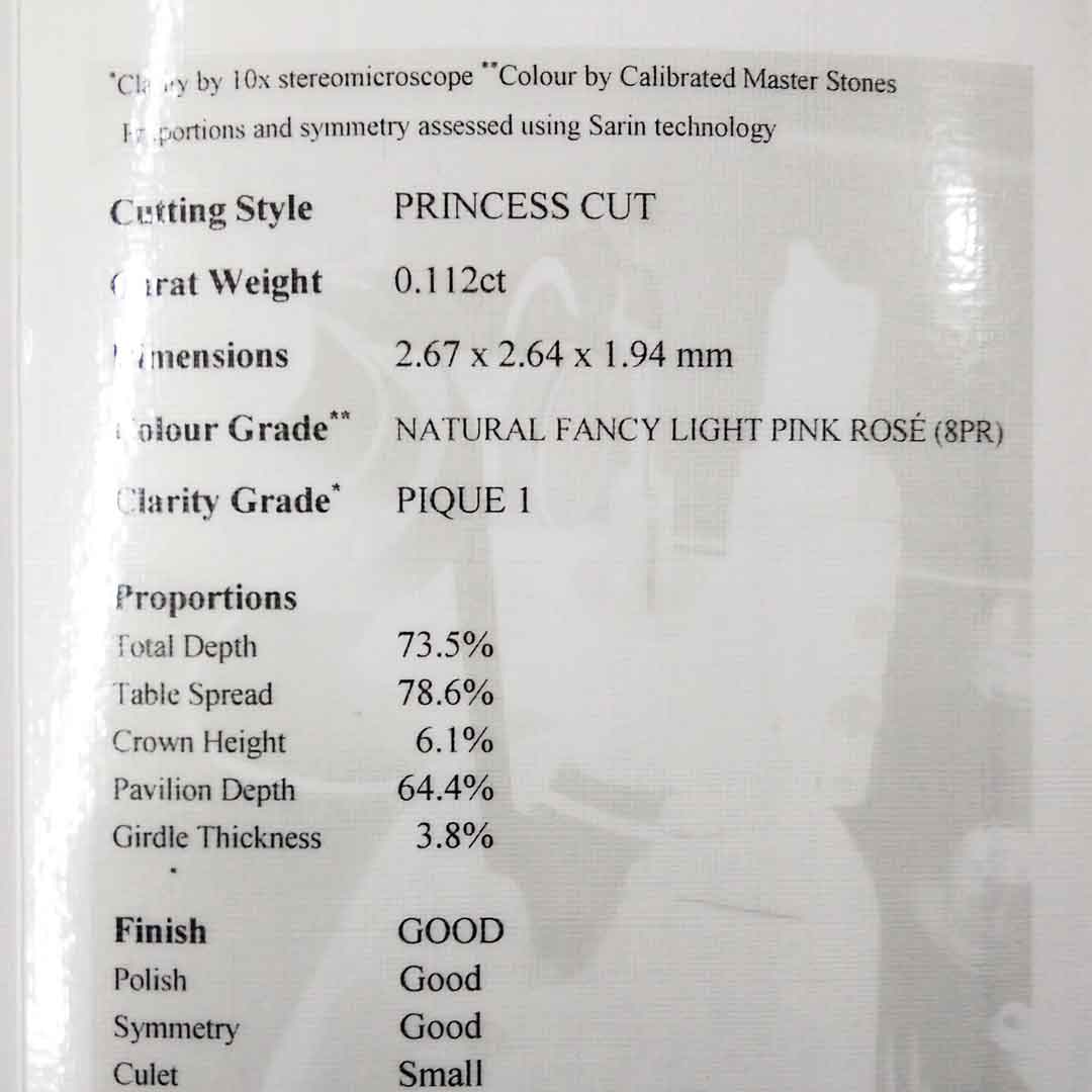 0.11ct Authentic Australian Pink Princess Cut Diamond of Argyle Origin - 8PR
