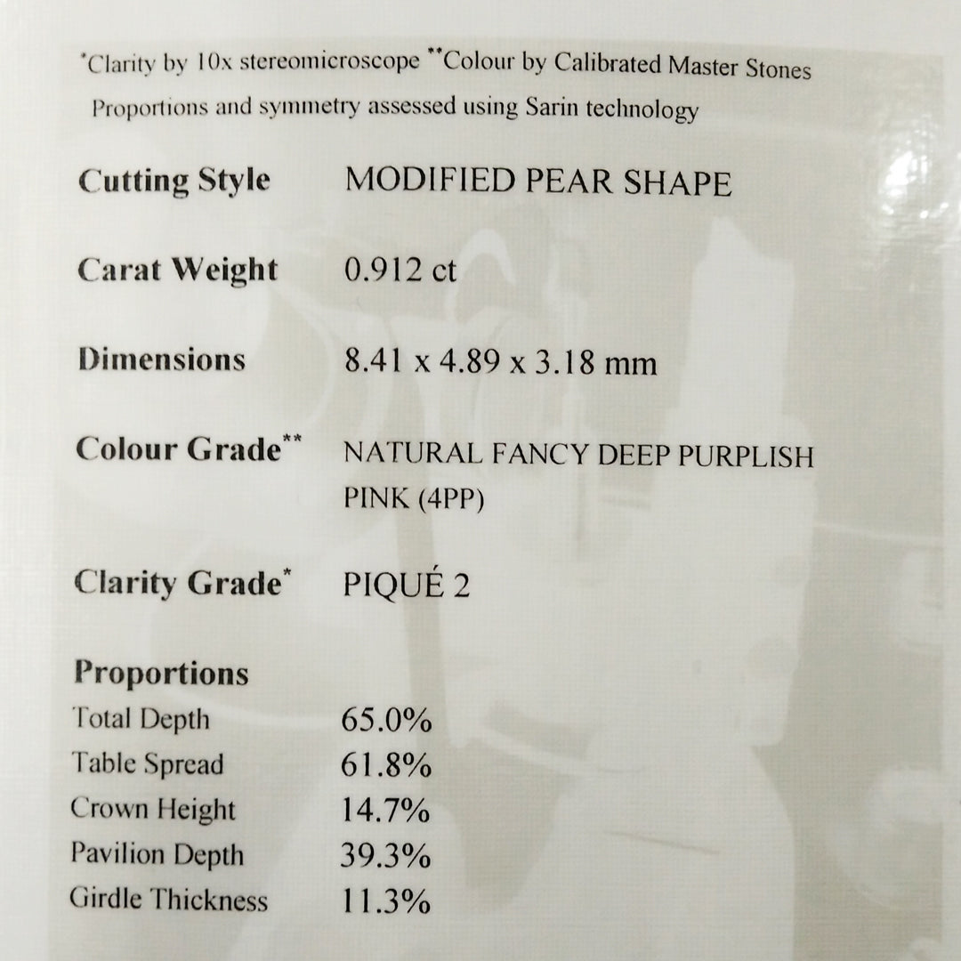 0.91ct Authentic Australian Pink Pear Cut Diamond - 4PP "The Olsen #1"