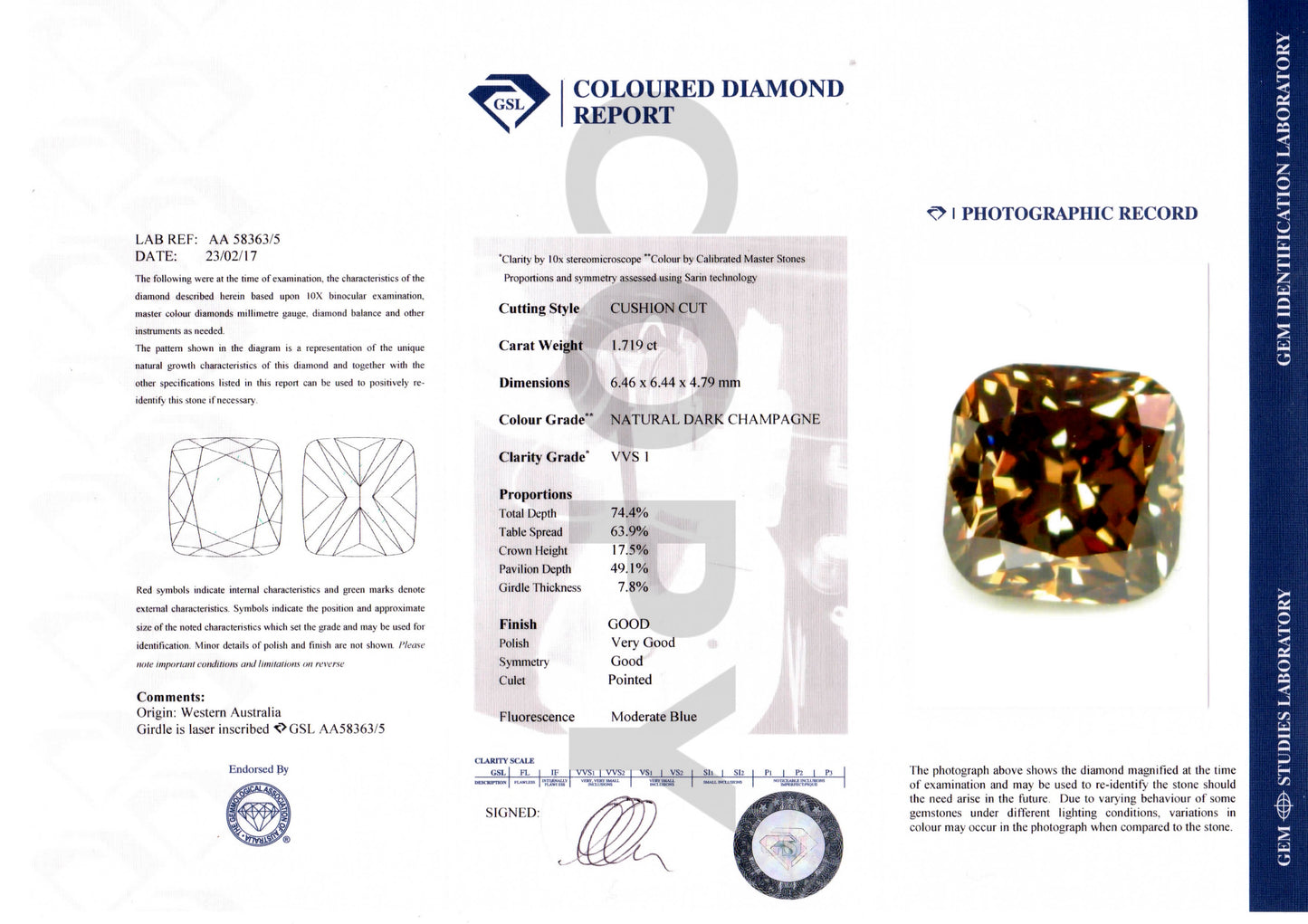 1.71ct Authentic Australian Champagne Argyle Origin Cushion Diamond - C6