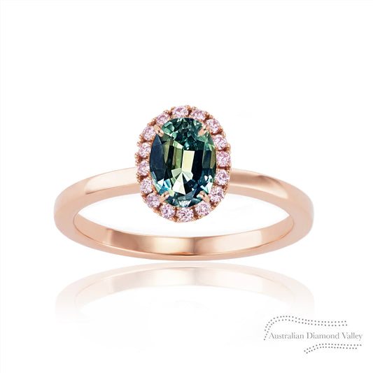 Peony Australian Teal Sapphire & Pink Argyle Australian Diamond Ring - 8P