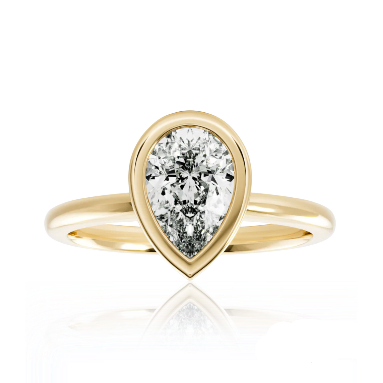 Australian Diamond Valley pear cut bezel setting Gold ring with a pear-shaped diamond on a white background