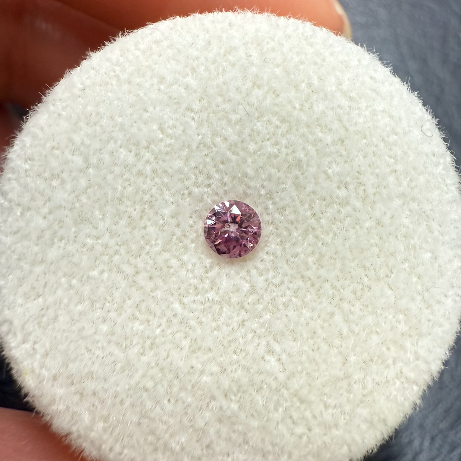 Argyle Pink diamond gemstone on a white cushion against a dark background