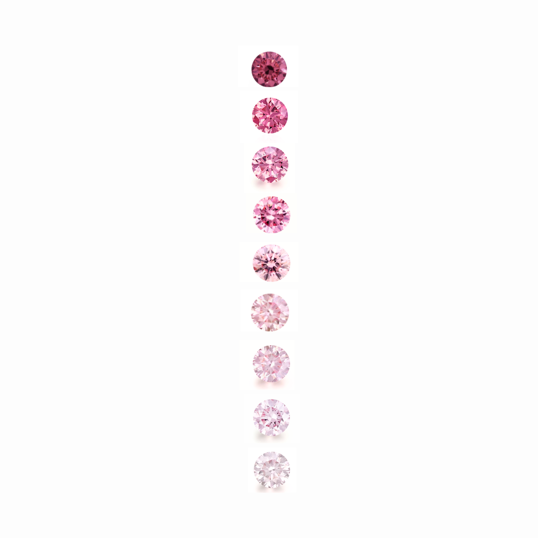 Row of Argyle pink diamond gemstones on a white background