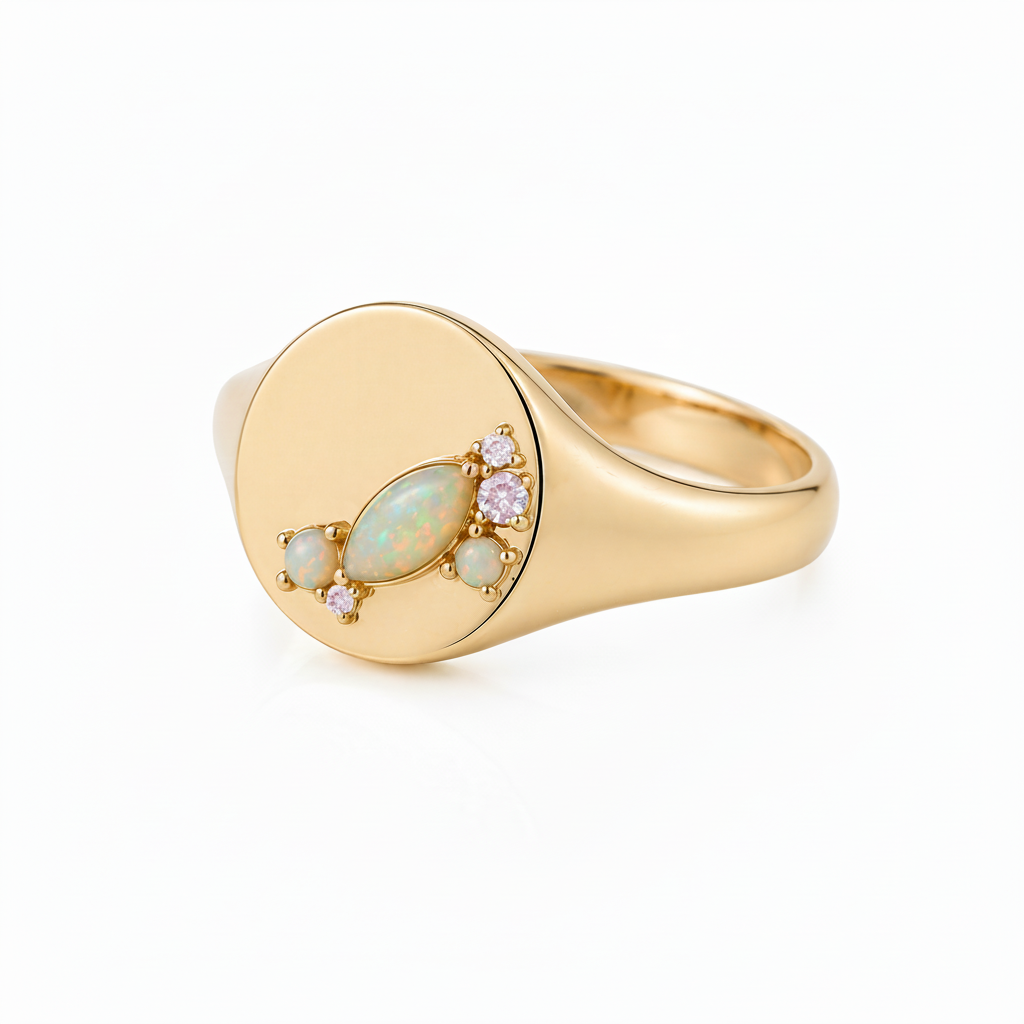 Gold ring with gemstones on a white background