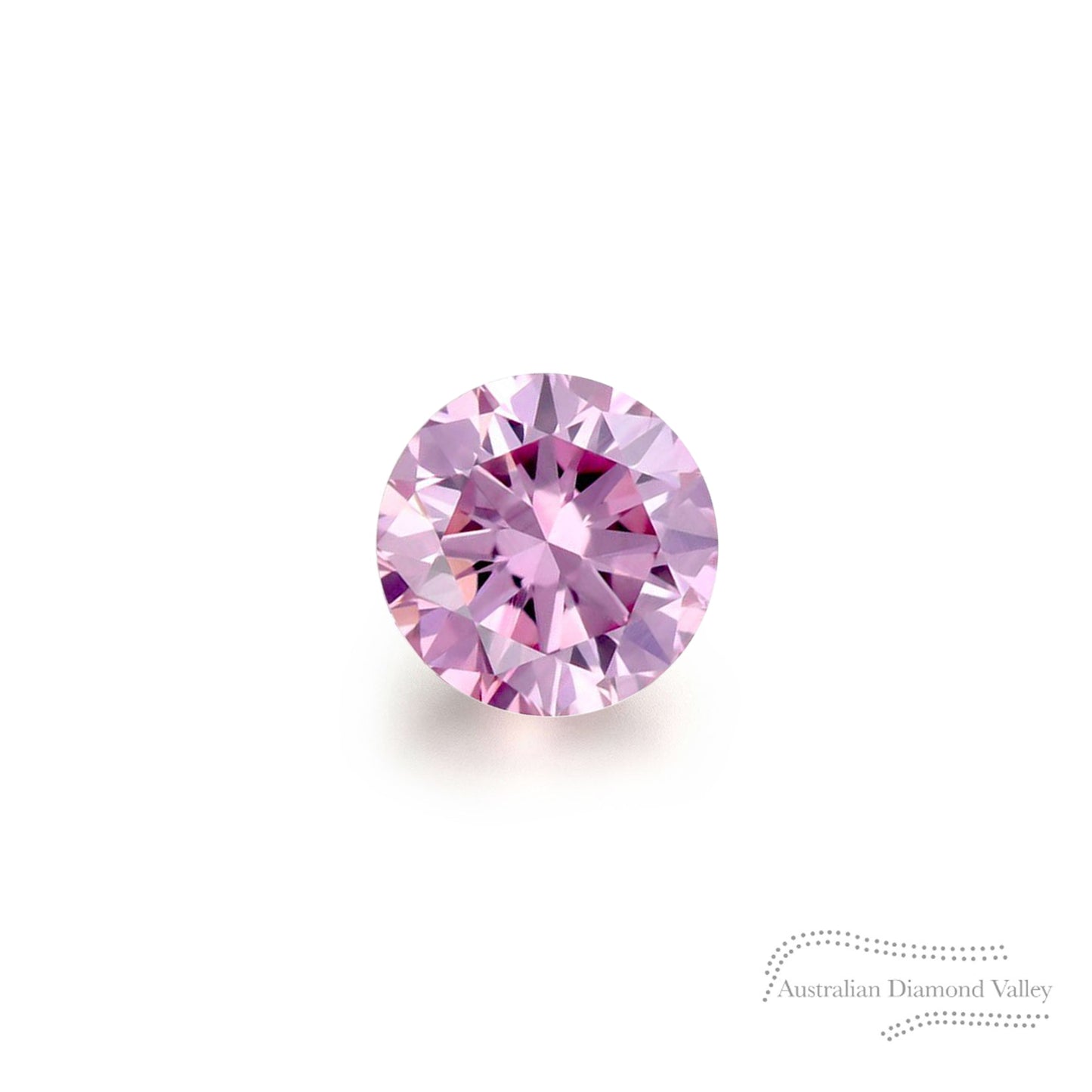 A single pink diamond with a round brilliant cut, presented on a white background, accompanied by a watermark indicating the Australian Diamond Valley.