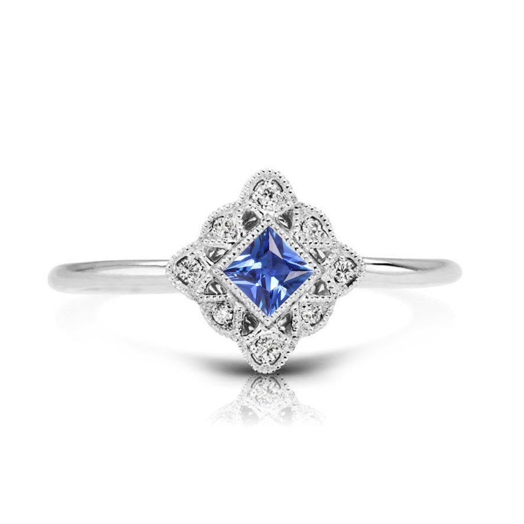 Princess Square Blue Sapphire Men's Ring Band Solitaire Matte Flat Brushed  White Gold Plating